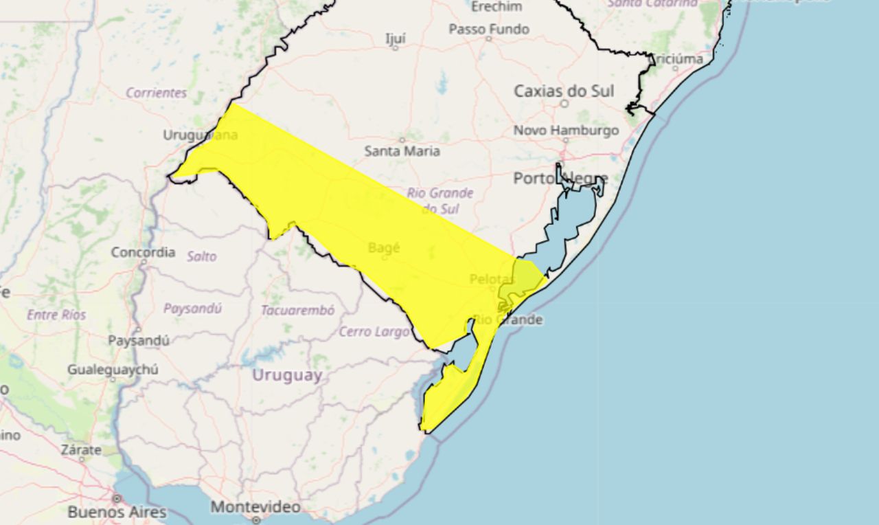 41 cidade estão em alerta amarelo para chuva intensa e ventania no estado do Rio Grande do Sul nesta segunda-feira (19)